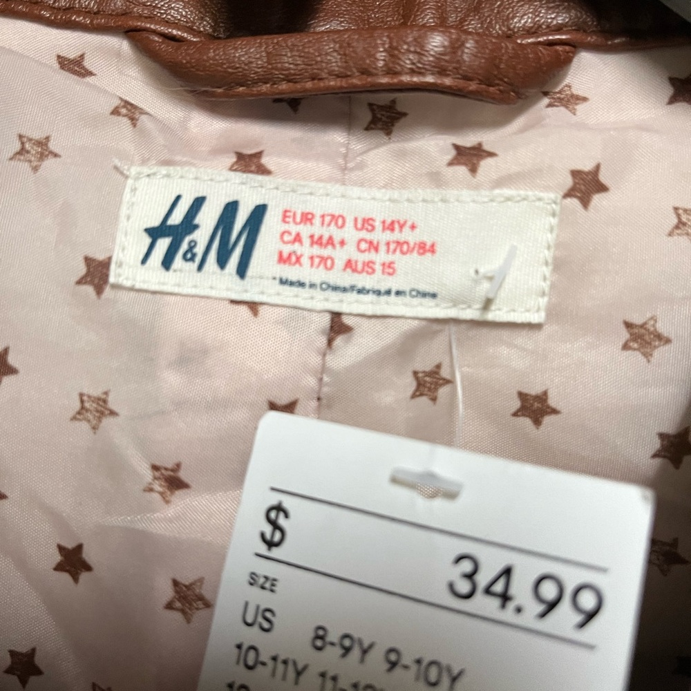 H&M kids girls brown leather moto jacket nwt size 14 - Picture 11 of 13